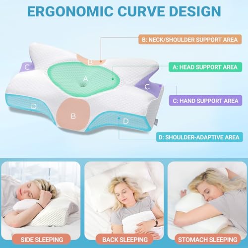 Elviros Orthopaedic Memory Foam Pillow, Side Sleeper Pillow, Neck Support Pillow, Ergonomic Sleeping Pillow for Neck and Shoulder Pain (64 x 12.5/10.5 x 38 cm, Grey)