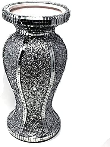 Silver Vase Statue Sparkle Ornament Bling Crushed Diamond Gift | mirrored flower pot with floral design- ACG245 |Handmade Craft,Crushed Diamond Display, Gift Present for all occasions_H-30cms