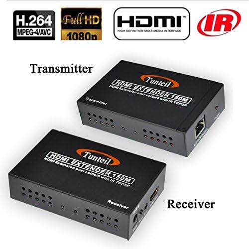 Tunteil HDMI Extender, 492ft HDMI Transmitter and Receiver Extender Over Cat5e Cat6 Ethernet Cable Support 1080P with IR Up to 150m, Sender and Receiver.