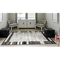 ADGO Milano Collection Modern Contemporary Geometric Framed Striped Design Jute Backed Area Rugs High Pile Soft and Fluffy Indoor Floor Rug, Living Dining Bedroom Black Grey, 3