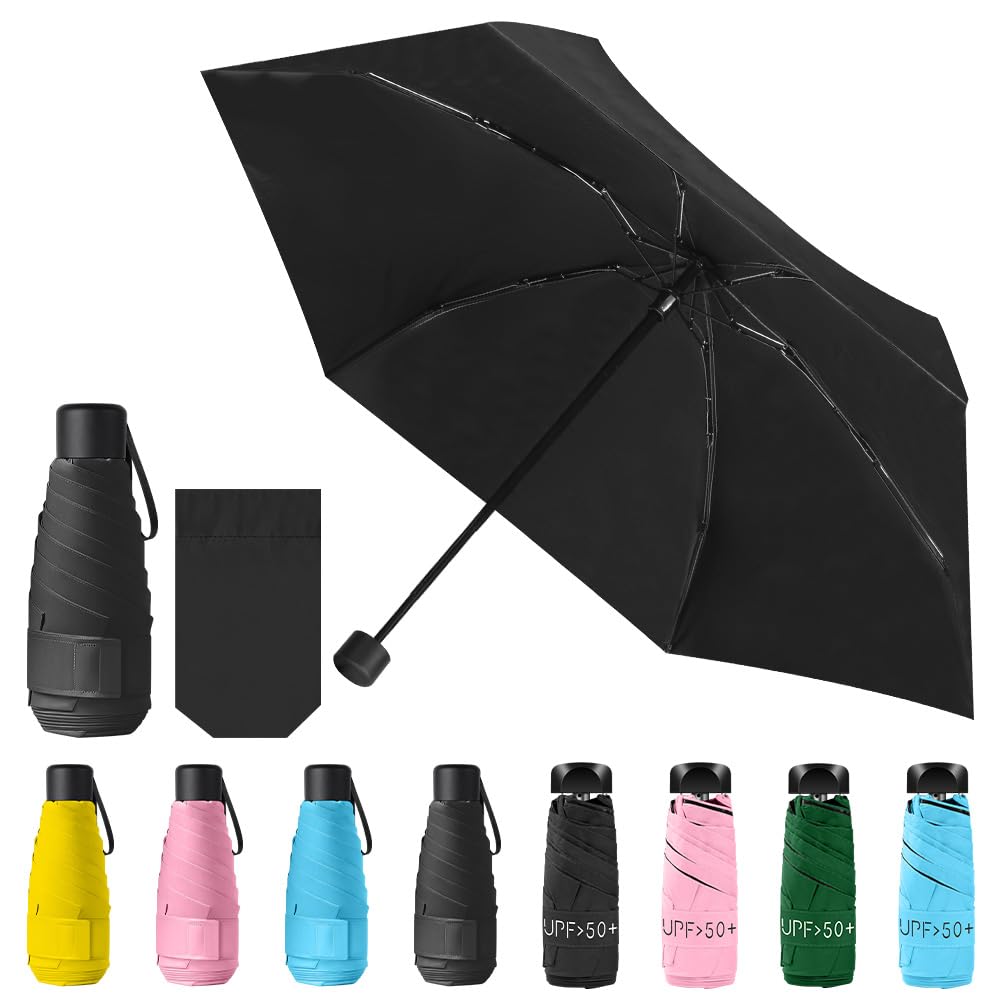 Vicloon Mini Travel Umbrella, Small Compact Umbrella with UPF50+ Protection, 210T Black Rubber Cloth & 6 Aluminum Alloy Ribs Folding Umbrellas, Lightweight Tiny Pocket Umbrellas (Black)