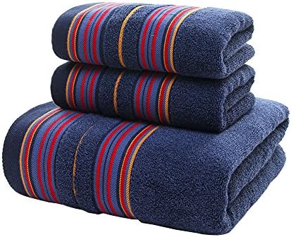 Zhenxinmei 3 Pack Natural Cotton Towel Sets - Include 2 Face Towels &amp; 1 Bath Towel Soft Easy Care Striped Washcloths Eco-Friendly Highly Absorbent Multi-Purpose Facecloth Machine Washable (Dark Blue)