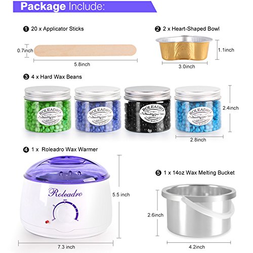 Roleadro Wax Warmer/Hair Removal Waxing Kit/Wax Heater with 4 Cans Hard Wax Beans/2 Heart-Shaped Bowl/20 Wax Applicator Sticks