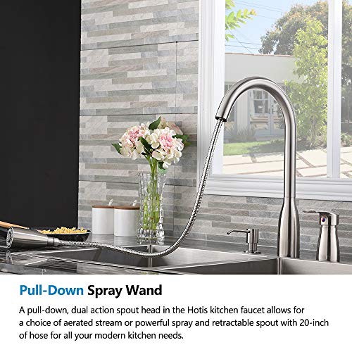 Hotis 3 Hole Pull Out Prep Sprayer Stainless Steel Single Handle Pull Down Kitchen Faucet, Brushed Nickel Kitchen Sink Faucet with Soap Dispenser - Thumbnail 3