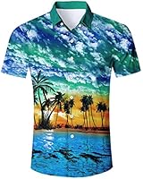 TUONROAD Casual Tropical Vacation Aloha Short Sleeve Hot Printed Blue Sky Green White Clouds Hawaiian Shirt Holiday Retro Cute Button Down Shirt Hawaiian wear,Beach-B