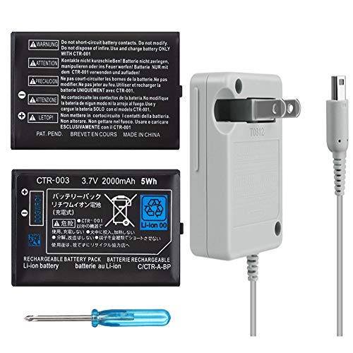TFSeven 2Pcs 2000 Mah Rechargeable Lithium Ion Nintendo 3DS Replacement Battery + AC Adapter 4.6V 0.9A Wall Travel Power Supply Compatible For Nintendo 3DS Accessories Kit