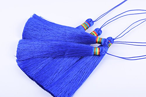 KONMAY 5pcs Royal Blue 5.6'(14.0cm) Soft Long Silky Handmade Tassel with Rainbow Band for DIY Project (Royal Blue)