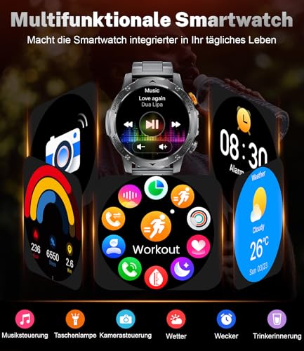 Smartwatch Men's Military 1000 mAh Battery/1.75 Inch HD Large Display, Smartwatch with Torch/Bluetooth Calls/130+ Sports Modes, IP68 Waterproof Fitness Watch with Heart Rate/Sleep Monitor, for Android iOS