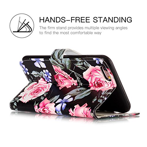 JanCalm iPhone 6/6s Wallet Case [Kickstand Feature] [Card Slots/Side Pocket] [Wrist strap] PU Leather Wallet Magnetic Flip Cell Phone Case Cover for iPhone 6/6S + Crystal pen (Black/Flower) - Thumbnail 4