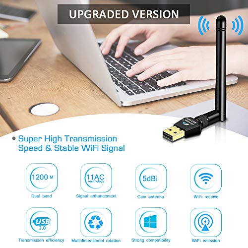 Wsky USB WiFi Adapter, 1200Mbps USB Wireless Network Adapter for Laptop/PC/Desktop, WiFi Dongle with 5dBi Antennas Dual Band 2.4GHz/5GHz, Support Windows XP/Vista/7/8/8.1/10 Mac OS 10.4-10.12 Linux