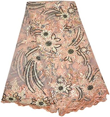LaceQiao 5Yards Embroidery African lace Fabrics French Bridal Beaded Nigerian lace Tulle lace Fabric with Beads hsequins for Wedding Dress (Peach)