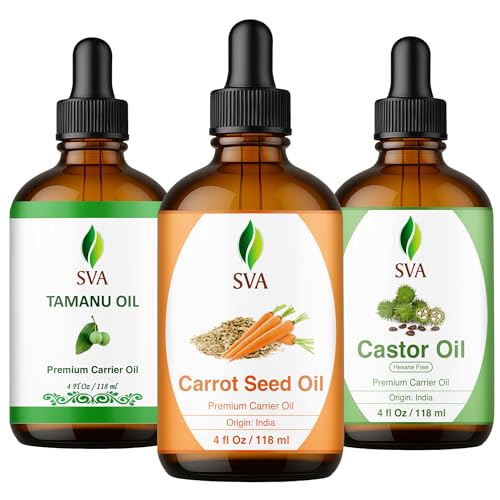SVA Tamanu Oil, Carrot Seed & Castor Oil 4oz Bundle Super Saver Combo – Premium Grade Bundle Set for Hair Oiling, Scalp Massage, Hair Care, Face, Skin Care and Body Massage
