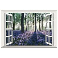 DNVEN 24 inches x 16 inches 3D Full Color High Definition Lavender Trees in Forests Nature Forests Scenery False Faux Window Frame Window Mural Vinyl Bedroom Living Room Playroom Wall Decals Stickers