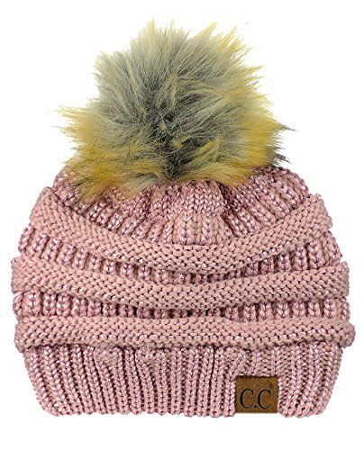 NYFASHION101 Exclusive Soft Stretch Cable Knit Faux Fur Pom Pom Beanie Hat - Rose Metallic