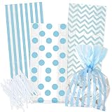 100 Light Blue Cellophane Bags with Twist Ties for Baby Shower Boy Favor Goodie Bags in Polka Dot, Stripes and Chevron Design