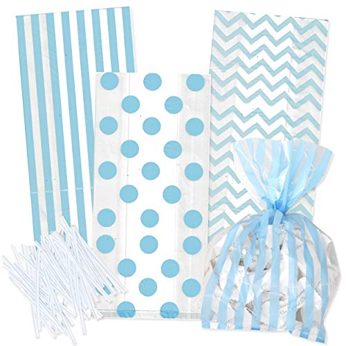 100 Light Blue Cellophane Bags with Twist Ties for Baby Shower Boy Favor Goodie Bags in Polka Dot, Stripes and Chevron Design