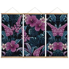 Hanging Poster NO Magnetic Wooden Framed,Green Leaves,Beautiful Flowers Home Wall Canvas Prints Decoration Ready to Hang - 18"x36"x3 Panels