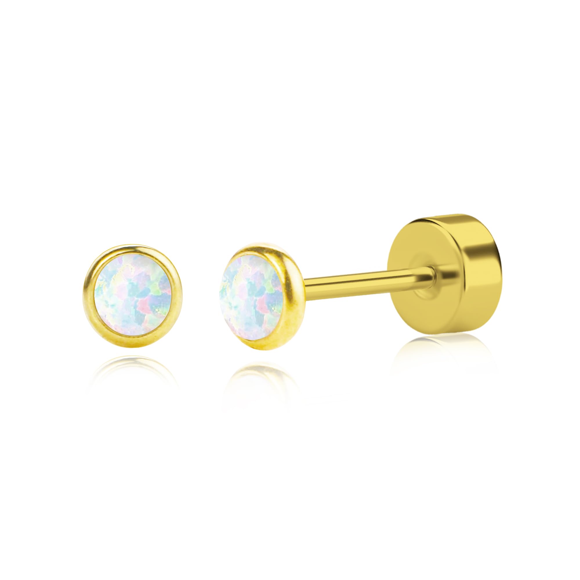 Photo 1 of Smilebelle Opal Stud Earrings, 4 mm 14k Gold Stud Earrings Small Real Opal Earrings for Girls Flat Back Earrings Sleeper Tragus Piercings Jewelry Stainless Steels Studs
