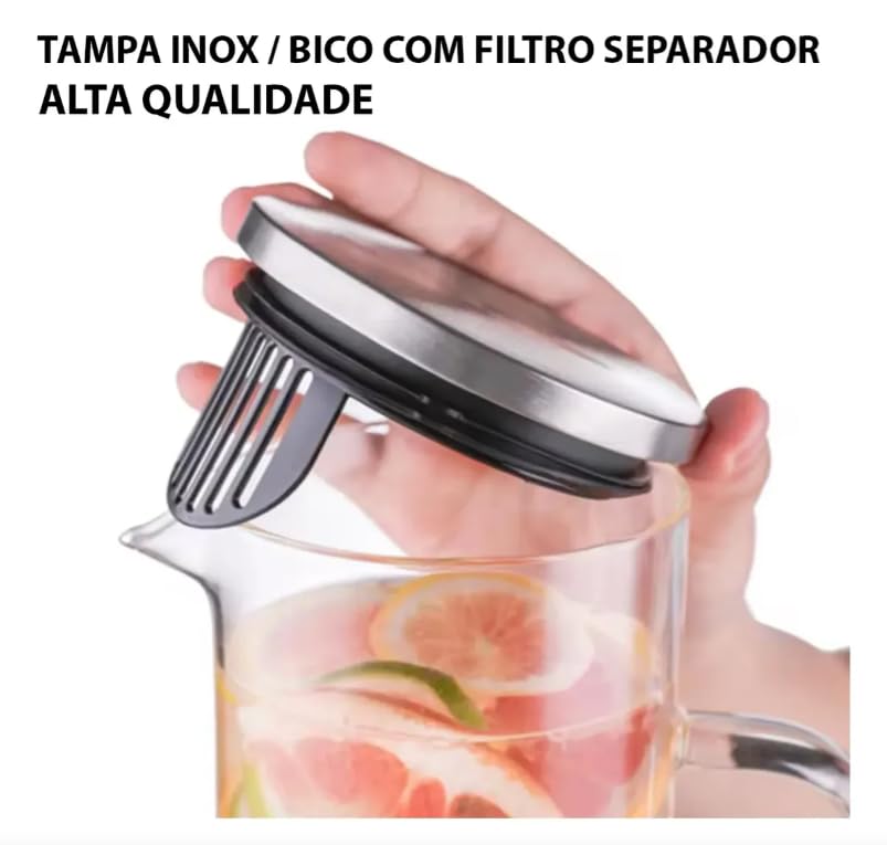 Jarra de Vidro Borossilicato 1L com Tampa Inox – Bico com Filtro Resistente para Água Suco e Chá