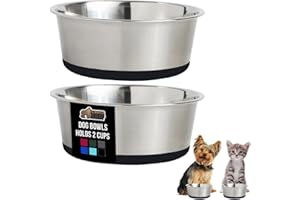 GORILLA GRIP Dog Bowls, Holds 2 Cups Each (16 fl oz), Heavy Duty Stainless Steel Food and Water Bowl for Feeding Dogs and Cats, Dishwasher Safe, Rust Resistant, BPA Free Rubber Base, Set of 2 Black