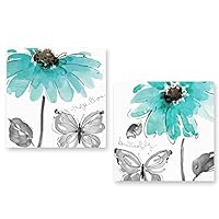 Genius Decor 2 Piece Daisy Flowers Butterfly in Aqua Grey White Wall Decor Canvas Artwork Art Prints Decor (12x12inchx2pieces)