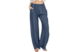Cotton Linen Pants for Women Summer Drawstring Wide Leg Trousers High Waist Casual Palazzo Pants with Pockets