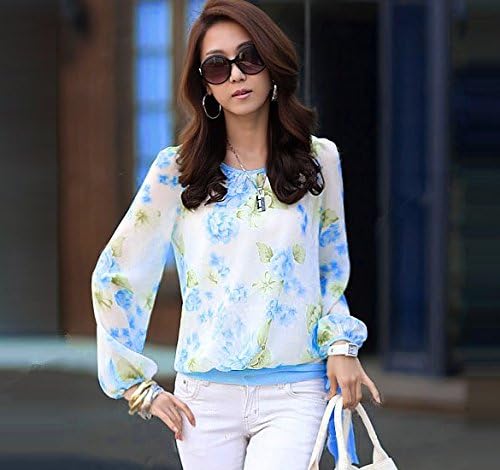 Women's Floral Print Pattern Casual Puff Long Sleeve Tops Shirt Flower Chiffon Blouses Women (COLOR :BLUE | SIZE : L)