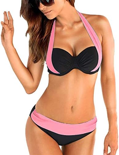 Lazyfashion Womens Push up Padded Bikini Elegant Vintage Swimsuit 2 Piece (FBA Optional)-Pink