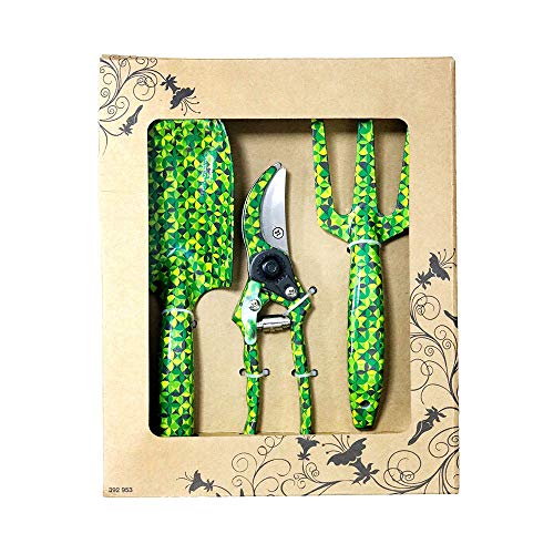 FLORA GUARD 3 Piece Aluminum Garden Tool Set with Purple Print – Trowel, Cultivator, Pruning Shear, Gift Set for Gardening Needs (Green)