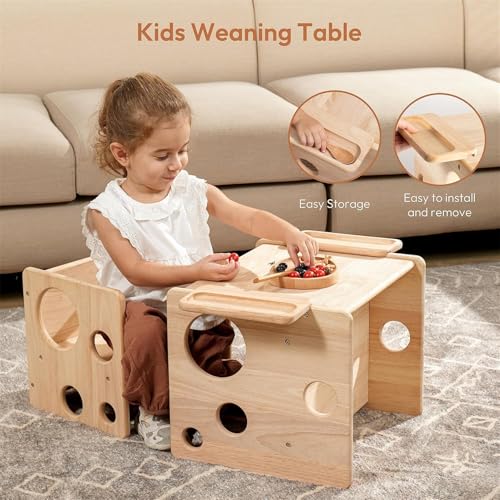 AM ANNA Montessori Wooden Table and Chair Set, Kids Natural Wood Construction, Kids Activity Desk with Storage, 38x36x33cm Table and 31x30x28cm Chair