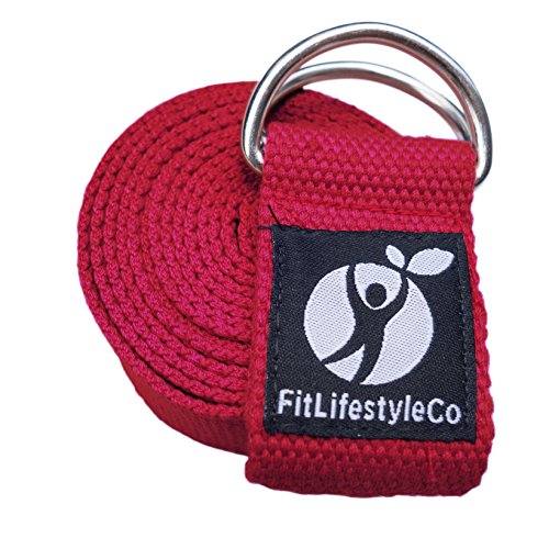 FitLifestyleCo Yoga Strap Best for Stretching – 6 Colors Instructional Video – Durable Cotton with Metal D-Ring (red)