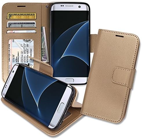 S7 Edge [ Wallet ] Case, Samsung S 7 Edge Soft Leather Flip Cover with [ Foldable Stand ] Pockets for ID, Credit Cards, Kickstand Features (Gold)