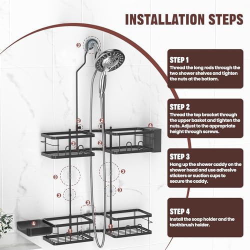 REINHARDT Adjustable Shower Caddy Hanging Rustproof Shower Caddy for Handheld Showerheads, Shower Organizer with Hooks Soap Holder Toothbrush Holder, Anti-Swing Shower Rack Bathroom Accessories, Black