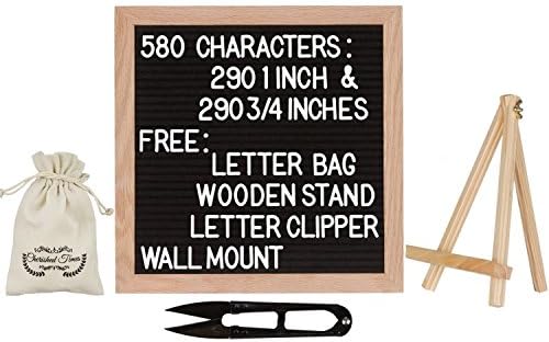 Letter Board - 10 x 10 Inches - Vintage - Black Felt - Oak Wood Frame - 580 White Letters - 290 1 Inch  and 290 3/4 Inch - Changeable Letter Board - Cherished Times