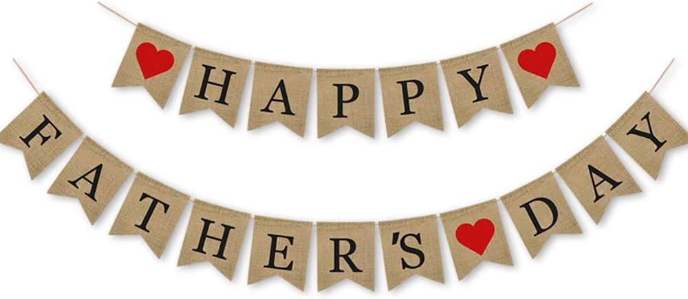 SWSATYW Burlap Happy Father's Day Banner Supplies Father's Day Party Bunting Garland Decorations, Light Brown with Red Accents