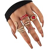 INENIMARTJ Snake Knuckle Rings for Women - Gold Boho Crystal Heart Stacking Finger Rings Set - Vintage Snake Jewelry (Red)