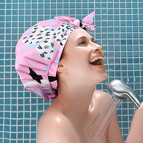 YISUN Shower Caps for Women - 2 PACK Double Layer Waterproof Bath Cap with Oxford Elastic Band, Reusable Shower Caps