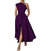 Ekaliy Women's One Shoulder Belted Maxi Dress Long Formal Wedding Guest Dress with Pockets