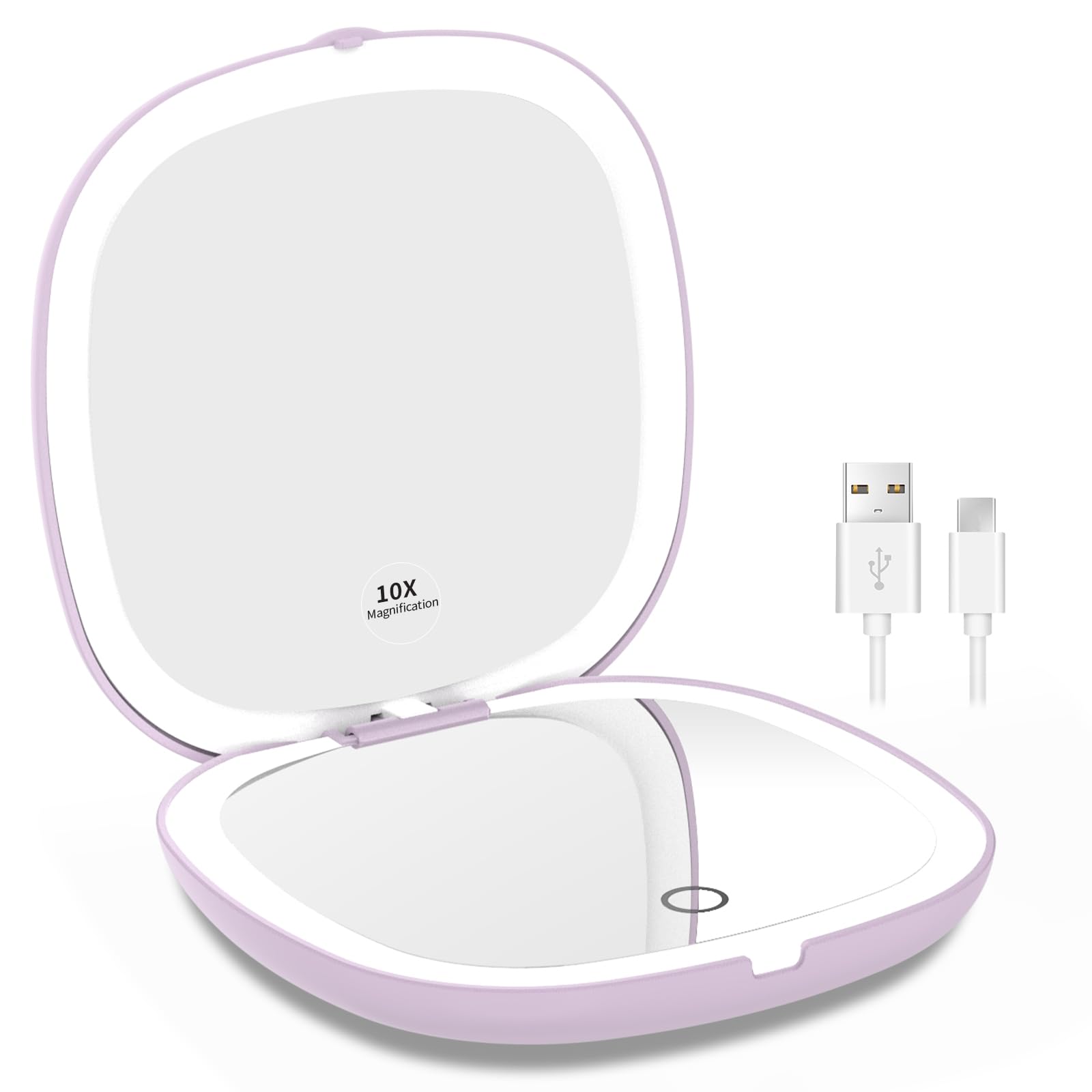 WOBSION Travel Mirror with Light for Makeup, 1x/10x Magnifying Compact Mirror for Handbag, 10cm Rechargeable Pocket Mirrors, 2-Side Dimmable Led Light up Mirrors, Handheld, Gifts for Women, Purple