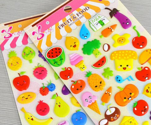 4 Sheets Cute Lovely Puffy DIY Decorative Adhesive Sticker Tape / Kids Craft Scrapbooking Sticker Set for Diary, Album (vegetables+Fruits)
