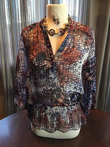 Custom Couture Small blue and rust sheer tunic with grey mother of pearl necklace and earrings