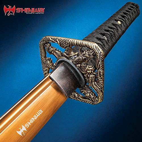 Shinwa Fighting Dragon Katana and Sheath - 1045 Carbon Steel Blade, Cast Metal Alloy Tsuba, Black Brass Habaki, Faux Rayskin - Length 39 1/2"