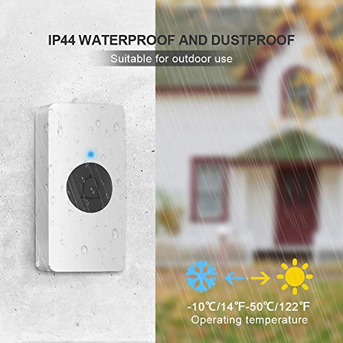 TECKNET Sonnette sans Fil, IP44 Sonnette sans Fil Exterieur Etanche à 300 Mètres de Portée, Sonnette de Porte Kit de Carillon avec LED Flash et 38 Sonneries 4 Niveau Volumes pour Entrepôt,etc