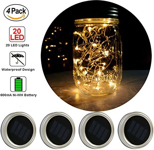 4 Pack - Solar Mason Jar String Lights - Mason Jar Solar LED String Lights Screw on Silver Lids - Soft Warm White - Best for Mason Jar Decor(20-LED Warm White)