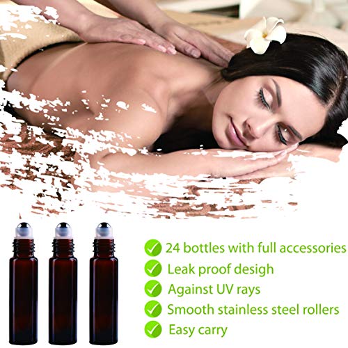 24, 10ml Amber THICK Glass Roller Bottles Big Steel Roll Ball for Aromatherapy Essential Oils (24 Labels, 3 Droppers, 1 Funnel, 1 Extra Roller Balls, 1 Bottle Opener)