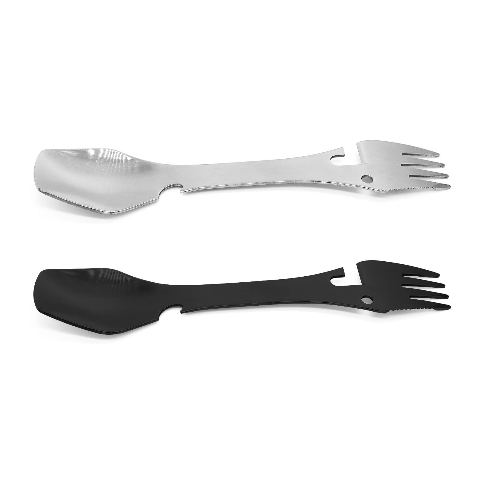 Photo 1 of 2 Pack Camping Spork Multi-Function Fork Spoon 5 in 1 Stainless Steel Spork, Fork & Knife, Can Opener Combo Camping Utensil for Picnic, Travel, Hiking(Black & Matte Silver)