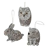 Buri Winter Brushed White With Glitter Animal Ornament Set Of 3