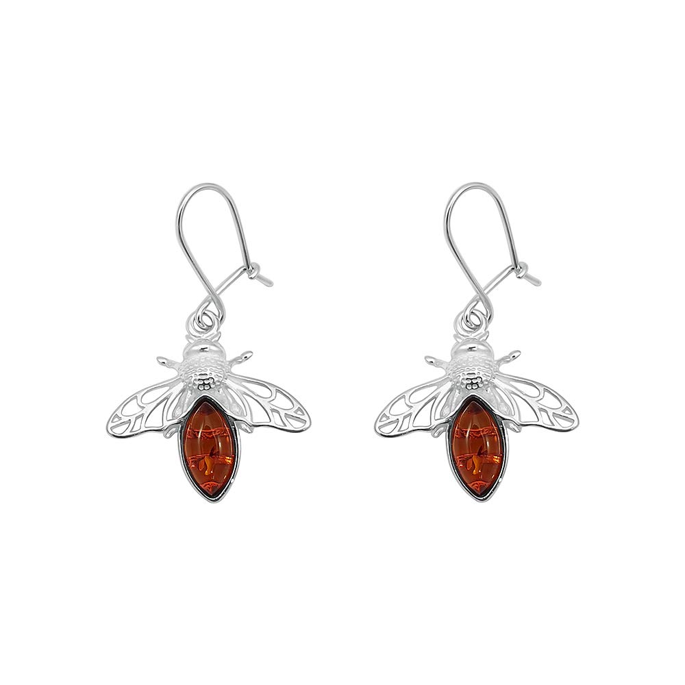 Kiara Jewellery Sterling Silver Flying Bee Earrings inset with Brown Baltic Amber.