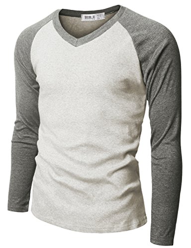 Doublju Men Basic Raglan Style V-Neck Long Sleeve T-shirts Gray Large