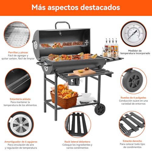 Asador de Carbon Portatil con Ruedas,Sador de Carbon Con Tapa y Doble Nivel,Parrilla Asador de Carbón con Mesa Frontal Lateral,Parrilla de Carbón Premium,Gran Capacidad,para Jardín,Patio